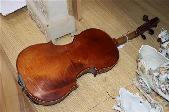 A full-sized French violin, labelled companion L.59cm